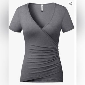 Grey Women's Top Deep V Neck Slim Fitted T-Shirt Front Wrap Short Sleeve Tees M